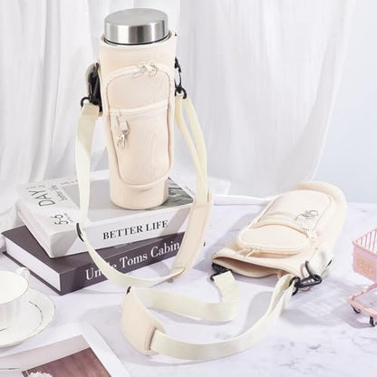 2Pcs Water Bottle Carrier Bag with Phone Pocket Adjustable Strap 40oz Thumbler Neoprene Sports Water Bottle Holder Pouch with 3 Pockets Soft Sponge Padding for Walking Hiking Camping Pink - color: Cream