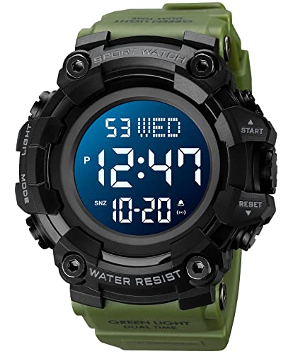 XCZAP Men's Black Digital Sports Watch, Large Face Military Tactical Watch, 5ATM Water Resistant, LED Backlight, Alarm, Stopwatch,Dual Time - color: Army Green