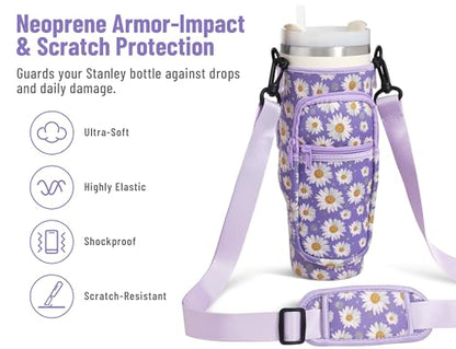 DLOCCOLD Water Bottle Carrier Bag with Phone Pocket for 40 oz Tumbler, Water Bottle Holder with Adjustable Shoulder & Handheld Strap, Carrier Sling Bag for Water Bottle Walking Camping Travelling - color: Purple Ripple