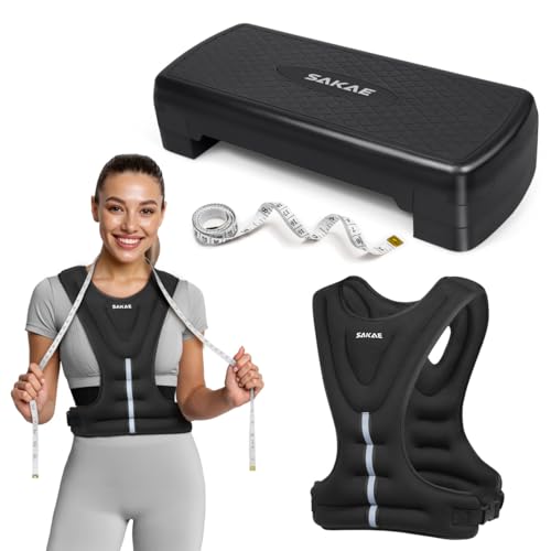 Adjustable Height Aerobic Stepper Set, Multiple Bundle Options with Dumbbells, Kettlebell, Waist Trimmer, Ankle Weights or Weighted Vest, Workout Exercise Step Platform w/Level Risers, 4 Colors - color: Black, size: e. W/ Weighted Vest