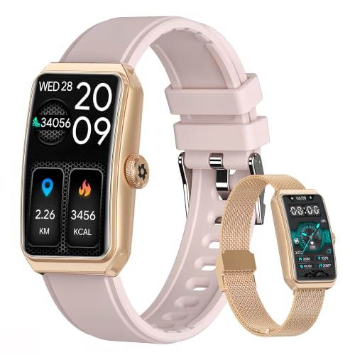 Fitness Tracker, 1.47" HD, Heart Rate SpO2, IP68 - Gold Pink - color: Gold Case w/ pink Band