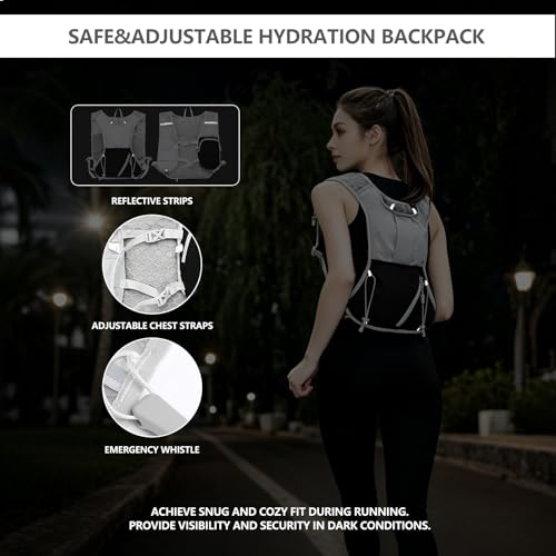 Running Vest for Women Men,Hydration Backpack with 2L Hydration Bladder,Lightweight Hydration Vest with Adjustable Straps&Pockets&Reflective Strip&Whistle,Water Backpack for Hiking Biking Marathon - color: Gray Black