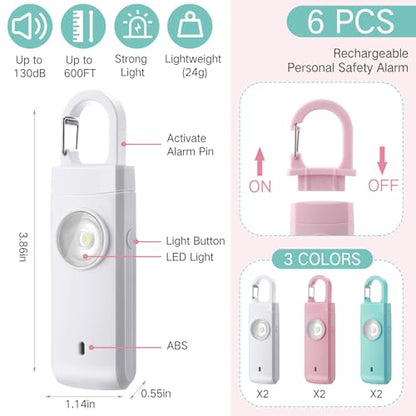 Tellegloww 6 Pcs 130 dB Personal Safety Alarm for Women, Personal Alarm Keychains Loud Siren with LED Strobe Light & Low Battery Notice Rechargeable Self Defense Keychain for Mom(Macarons,Snap) - color: White,Pink,Blue, style: Snap