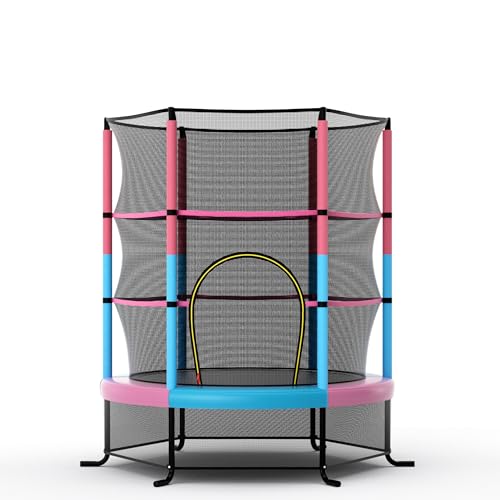 GYMAX Toddler Trampoline, 55” Trampoline for Kids with Bottom-to-Top All-Round Enclosure Net & Seamless Jumping Mat, ASTM Approved Easy Assembly Kids Mini Trampolines Indoor/Outdoor - color: Pink Blue