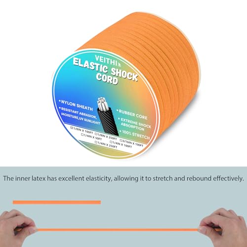 1/4 in x 50 ft Elastic Bungee Shock Cord,Neon Orange Nylon Elastic Rope,Bungee Rope for Camping, Kayak,Decks for Repairing Tent Poles, DIY, Tie Downs - style: 1/4inx50ft Neon Orange