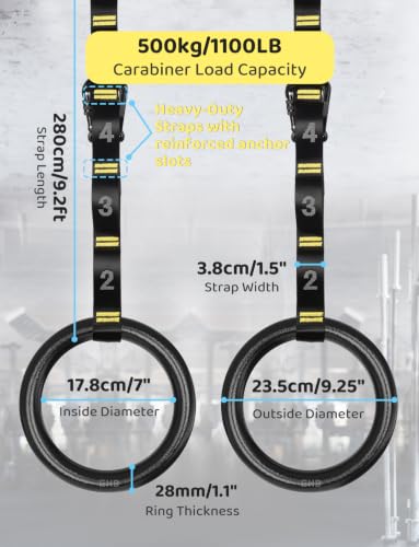 GHB Gymnastic Rings Gym Rings 1.1" Olympic Rings Adjustable Straps Pull Up Rings Sets for Workout Bodyweight Fitness Training