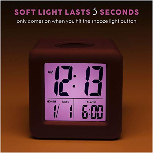 Plumeet Digital Alarm Clock for Kids with Snooze and Nightlight - Easy Setting Silicone Display Time, Date - Loud for Bedroom - Battery Powered (Purple) - color: Purple