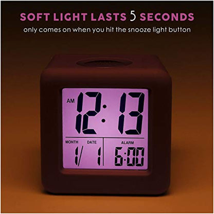Plumeet Digital Alarm Clock for Kids with Snooze and Nightlight - Easy Setting Silicone Display Time, Date - Loud for Bedroom - Battery Powered (Purple) - color: Purple