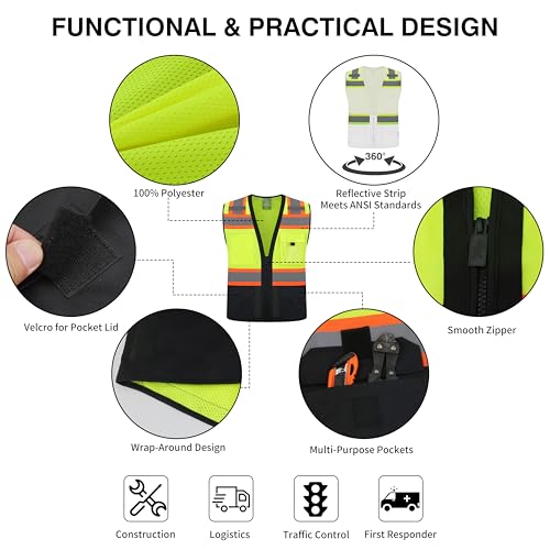 Gasoline Class 2 High Visibility Reflective Safety Vests Women & Men With 5 Pockets And Zipper Front,Meets Ansi/Isea - color: Yellow Black, size: 5X-Large
