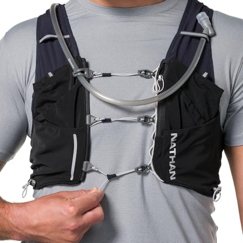 Nathan Hydration Vest 12L for Running & Hiking - Quick-Fit Adjustments, Breathable Mesh, 1.6L Insulated Bladder, Lightweight 8.8 oz, 6 Power Mesh Pockets, Diagonal Zip - Pinnacle Pro - size: X-Small, style: Black