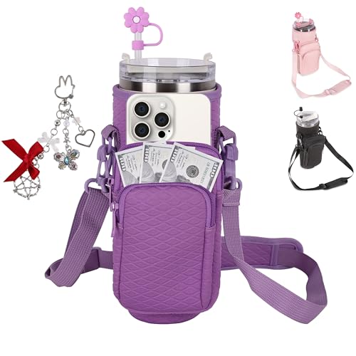 &And Per Se Water Bottle Shoulder Bag for Women, Neoprene Carrier with Phone Pocket & Purple Charm, Adjustable Crossbody Strap Fits Stanley 30oz Tumblers, Gift for Her (Purple) - color: Purple, size: 30oz