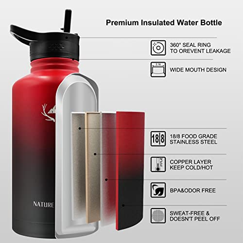 NATURE PIONEOR 64 oz Insulated Water Bottle with Carrier Bag & 3 Lids - color: Red Black, size: 64 Ounces
