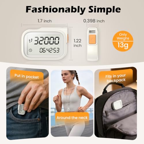 3D Pedometer for Walking, Accurate Digital Step Counter with Removable Lanyard, Fitness Tracker for Daily Activity Step & Sport Time Data-10-Step Smart Calibration - color: Off-white