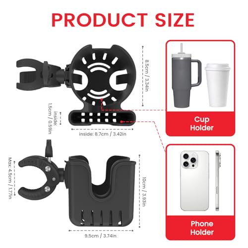 2-in-1 Universal Stroller Cup Holder with Phone Holder - Black