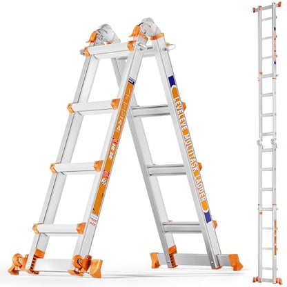 LEVELEVE 14FT Extension Ladder,A Frame 4 Step Ladder with Stabilizer Bar & Wheels,330 lbs Security Load Multi Position Ladder for Stairs Home Indoor Outdoor Roof - size: 4STEP