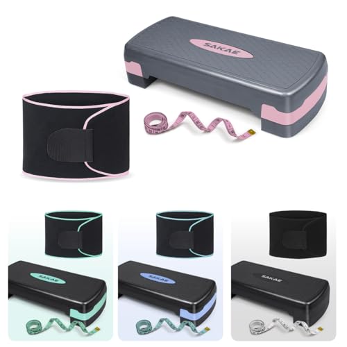 SAKAE Aerobic Step Platform Set with Waist Trimmer & Measuring Tape, Exercise Steppers for Home Exercise Fitness, Adjustable Height 2 Level Risers Workout Step Platform Trainer, Multiple Colors - color: Pink