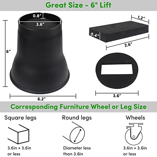 DEDU Bed Risers 6 Inch Heavy Duty 9 Pack, Furniture Risers with Caster Pads Supports Up to 6600 Lbs, Round Couch Risers for Sofas, Couch, Desk or Chair (Black) - size: 6 inch