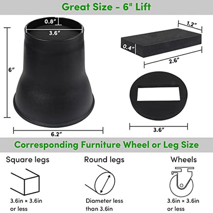 DEDU Bed Risers 6 Inch Heavy Duty 9 Pack, Furniture Risers with Caster Pads Supports Up to 6600 Lbs, Round Couch Risers for Sofas, Couch, Desk or Chair (Black) - size: 6 inch