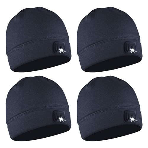 POWERCAP LED Hat Light 150 Lumens Rechargeable Fleece Beanie with Bright Built-in Headlamp Waterproof LED Warm One Size Cap - color: 4-pack Navy Blue
