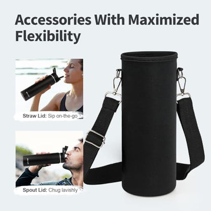 WixByti 24 oz Insulated Water Bottle with Straw, Stainless Steel Water Jug - color: Black, size: 24 Ounces