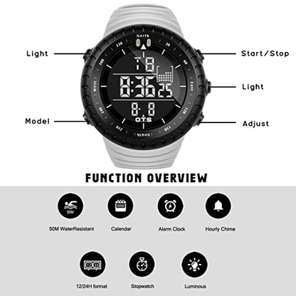 PALADA Men's Digital Sports Watch Waterproof Tactical Watch with LED Backlight Watches for Men - color: Grey White