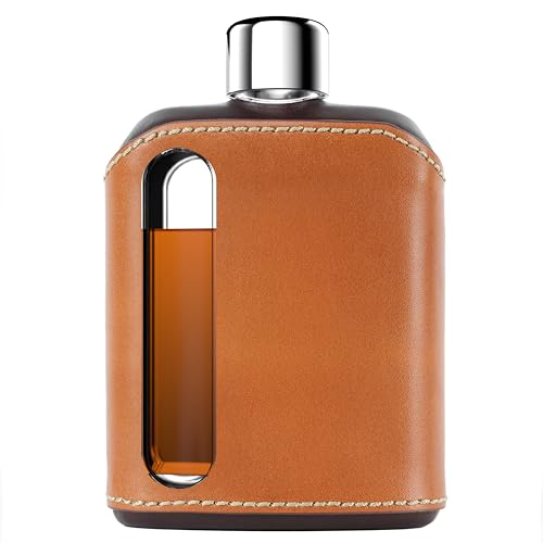 Ragproper Leather Glass Hip Flask for Men & Women – Durable Whiskey & Liquor Flask, Premium Authentic Leather Cover, Ideal Glass Flask – Double Shot 8oz (240ml), Dark & Tan - color: Leather Dark & Tan, size: Bag Flask 8 oz