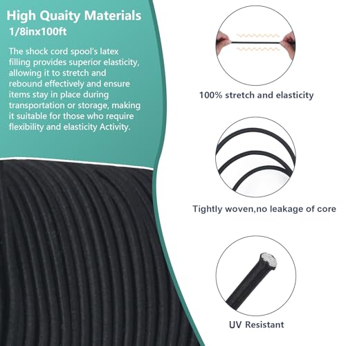 Shock Cord 1/8 inch,Black Nylon Elastic Rope,Bungee Rope,Bungee Cord Roll 100 ft-Bungee Shock Cord for Camping, Kayak,Decks for Repairing Tent Poles, DIY, Tie Downs - style: 1/8inx100ft Black