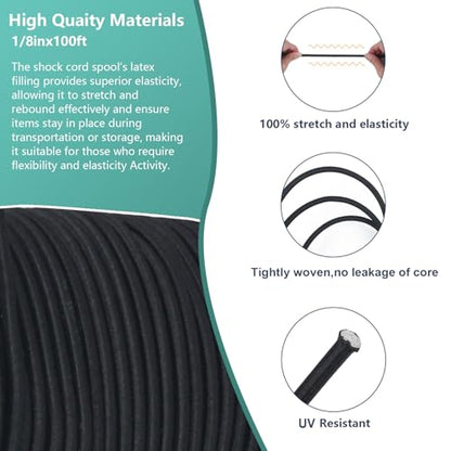 Shock Cord 1/8 inch,Black Nylon Elastic Rope,Bungee Rope,Bungee Cord Roll 100 ft-Bungee Shock Cord for Camping, Kayak,Decks for Repairing Tent Poles, DIY, Tie Downs - style: 1/8inx100ft Black