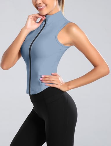 FEOYA Women Sleeveless Athletic Tank Top Shirts Full Zip Up Tshirt for Yoga Running Fitness Exercise - color: Upgrated Blue, size: Small