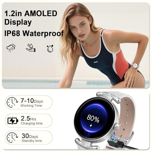 uaue Smart Watches for Women Android iOS, 1.2'' Fitness Trackers with Bluetooth Call (Answer/Make), Smartwatch with Heart Rate,Sleep Monitor, IP68 Waterproof,100+ Sports Mode,White and Silver - color: White and Silver