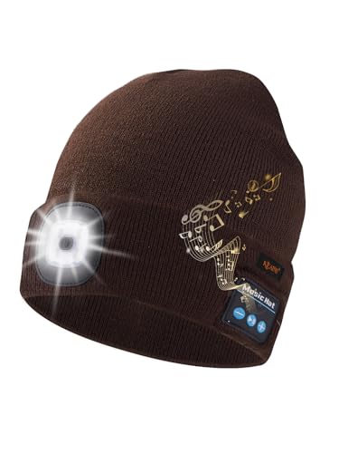 Keains Bluetooth Beanie with LED Light, Gifts for Men Women Dad Husband Him - color: Coffee