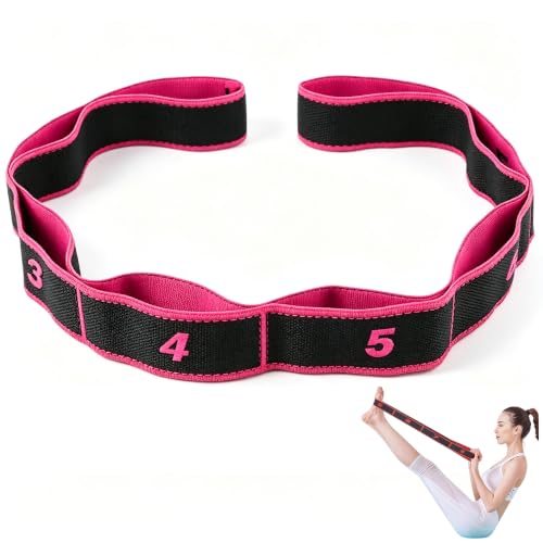 Yoga Stretch Strap with 8 Loops, Pilates Flexibility Strap - color: rose red