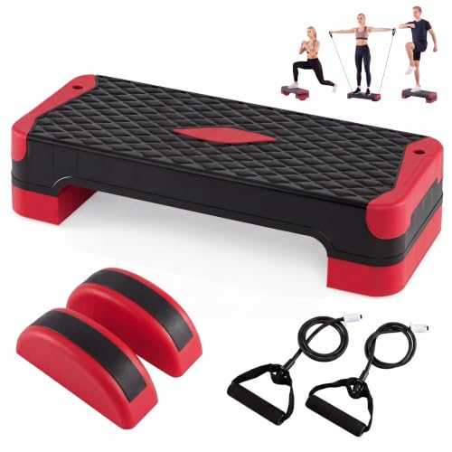 GYMAX Aerobic Step Platform, 660lbs Adjustable 5 in 1 Exercise Stepper - color: Red