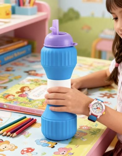Collapsible Silicone Water Bottle 650ml - Dumbbell Shaped Leakproof Portable with Straw & Cap for Hiking Gym Travel (Blue/Gray)