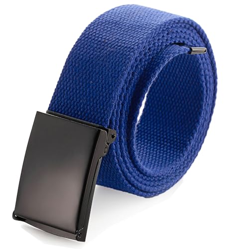 Mile High Life Cut To Fit Canvas Web Belt Size Up to 52" with Flip-Top Solid Black Military Buckle - color: 1 Pack Blue
