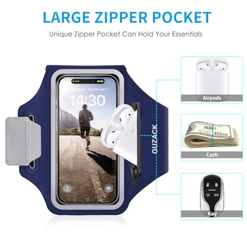 GUZACK Running Armband with Key Pockets & Card Slot, Up to 6.9", Medium - color: Navy Blue (Up to 6.9"), size: M