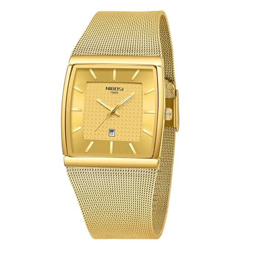 NIBOSI Men's Analog Watch, Square Dial Mesh Strap, Date Display - color: 2376-Gold