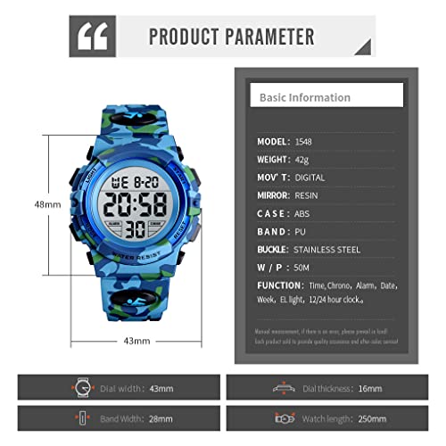 Dayllon Kids Digital Watch Boys Outdoor Sports 50M Waterproof Girls Watches Alarm Clock 12/24 H Stopwatch Calendar for Ages 3-15 Boy Girl Wristwatch Kids Gift - color: Camo Light Blue X( 8-15 Year Old)