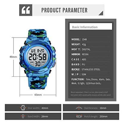 Dayllon Kids Digital Watch Boys Outdoor Sports 50M Waterproof Girls Watches Alarm Clock 12/24 H Stopwatch Calendar for Ages 3-15 Boy Girl Wristwatch Kids Gift - color: Camo Light Blue X( 8-15 Year Old)