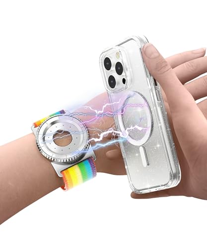 BAISRKE Magnetic Running Armband for MagSafe Case - 360° Rotatable Phone Grip with Adjustable Scent Compartment & Detachable Lanyard Compatible iPhone/Android (Rainbow & Silvery) - color: Rainbow&Silver, size: Regular (fits Wrist/Armband up to 9")