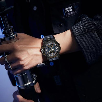 FANMIS Men's Analog Digital Sports Watch 50M LED Backlight Military Watch - color: X Black Blue