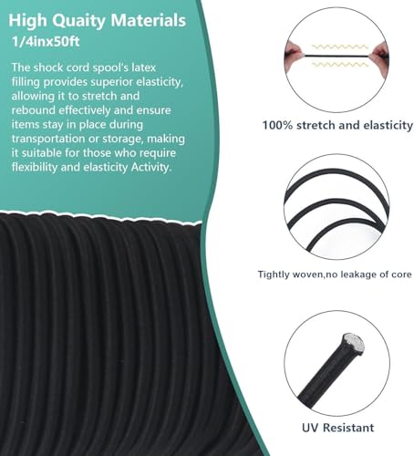 1/4 in x 50 ft Elastic Bungee Shock Cord,Black Nylon Elastic Rope,Roll-Bungee Shock Cord for Camping, Kayak,Decks for Repairing Tent Poles, DIY, Tie Downs - style: 1/4inx50ft Black