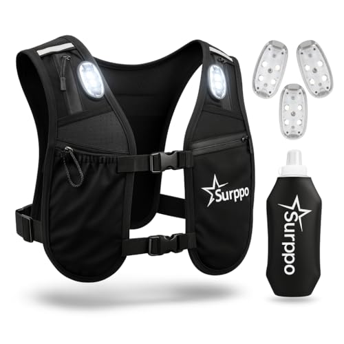 Running Vest for Women and Men, Adjustable Running Vest with Phone Holder, Hydration Vest with 500ml Soft Flask and 3 LED Lights, Reflective Running Backpack for Hiking, Cycling and Running