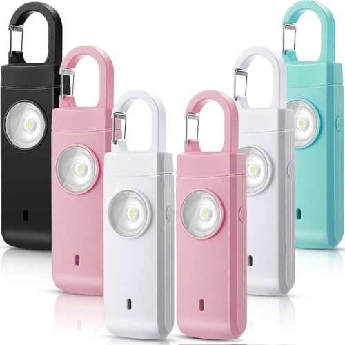 Tellegloww 6 Pcs 130 dB Personal Safety Alarm for Women, Personal Alarm Keychains Loud Siren with LED Strobe Light & Low Battery Notice Rechargeable Self Defense Keychain for Mom(Multicolor,Snap) - color: White,Pink,Blue,Black, style: Snap