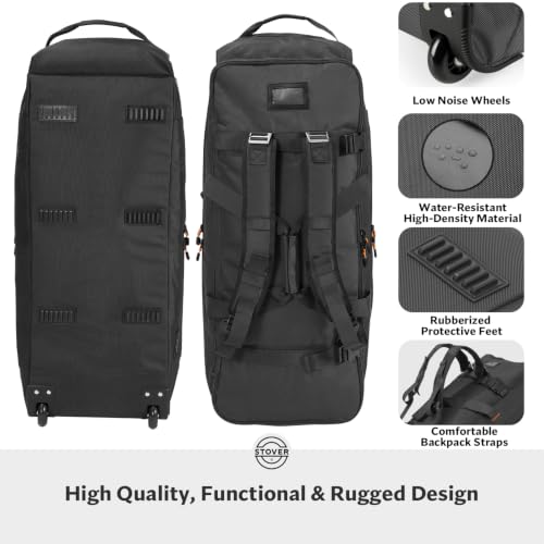 STOVER 100L U-Zip Rolling Duffel Bag with Wheels, Expedition Series X-Large Durable Travel Duffle + Toiletry Bag, Lay-Flat Opening, Packable with Shoulder Straps - Use as Luggage or Backpack (Black) - color: U-Zip Expedition Black