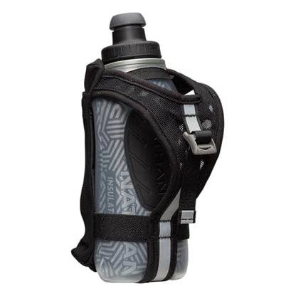 Nathan SpeedDraw 2 Insulated Handheld Running Water Bottle Flask – Double-Wall Insulation, Ergonomic Grip, Blast Valve Cap, Phone & Key Storage Pockets, Reflective Design - 12oz Insulated - Black - color: 12oz Insulated - Black