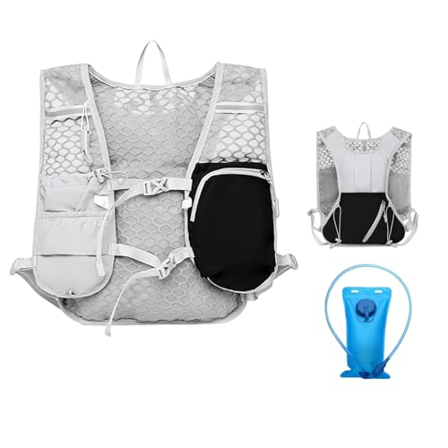 Running Vest for Women Men,Hydration Backpack with 2L Hydration Bladder,Lightweight Hydration Vest with Adjustable Straps&Pockets&Reflective Strip&Whistle,Water Backpack for Hiking Biking Marathon - color: Gray Black