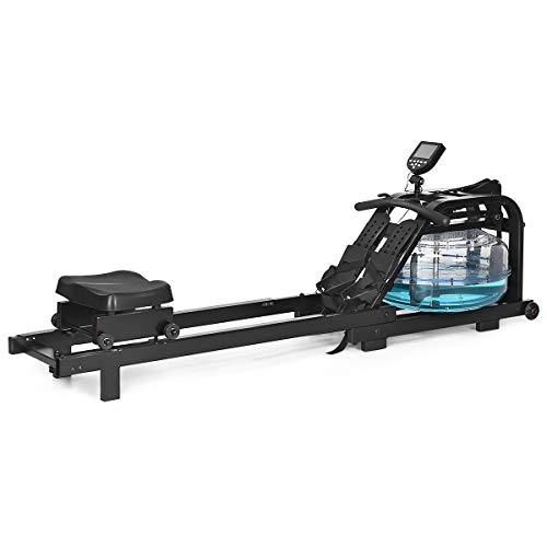 GYMAX Water Rowing Machine, Water Rower with Adjustable Resistance & LCD Display, Easy-Transportation Rower for Whole Body Exercise Cardio Training