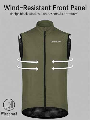 qualidyne Men's Windproof Cycling Vest, Full-Zip Sleeveless Bike Gilet - color: Army Green, size: Small