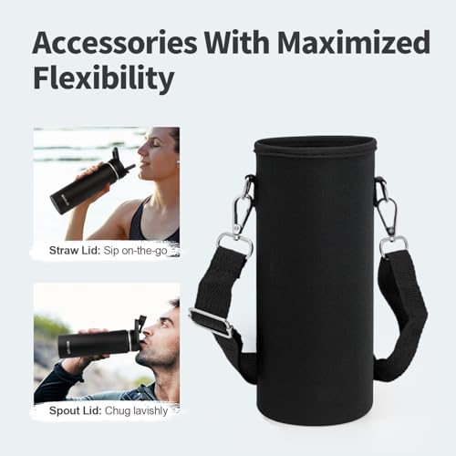 WixByti 20 oz Insulated Water Bottle with Straw, Stainless Steel Water Jug - color: Black, size: 20 Ounces